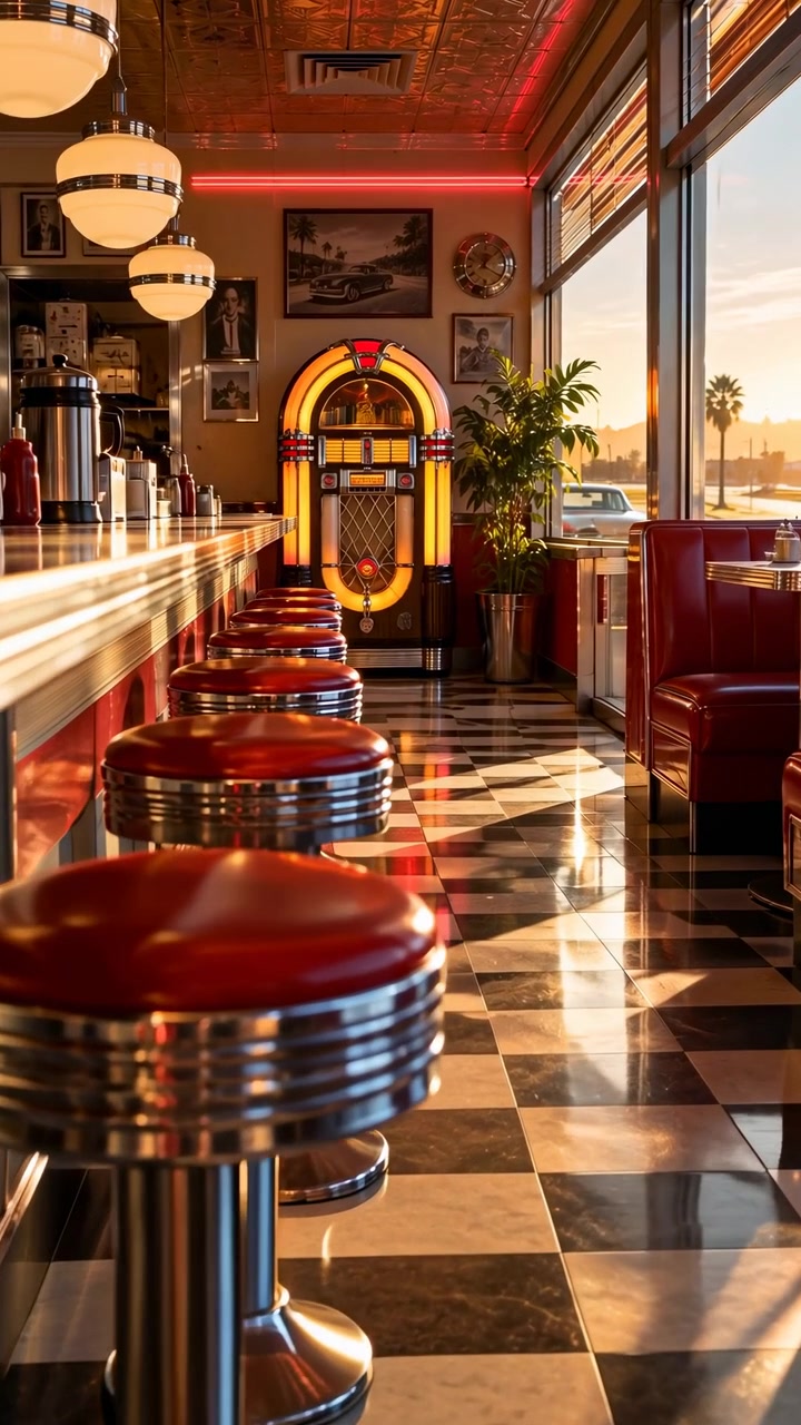 View advances gently past chrome-edged red counter stools toward an illuminated jukebox, while golden sunlight streams through tall windows and reflects across the black-and-white checkerboard floor.