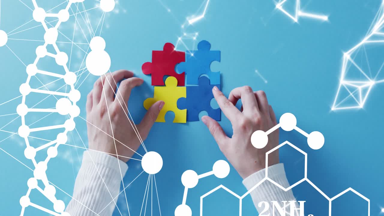animación de una cadena de adn y una fórmula química sobre manos que sostienen piezas de rompecabezas sobre un fondo azul.