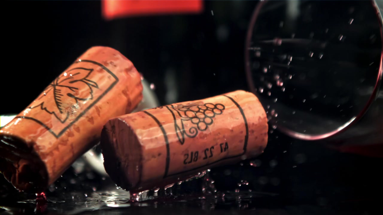 Due tappi di sughero che cadono e schizzano vino rosso su una superficie scura.