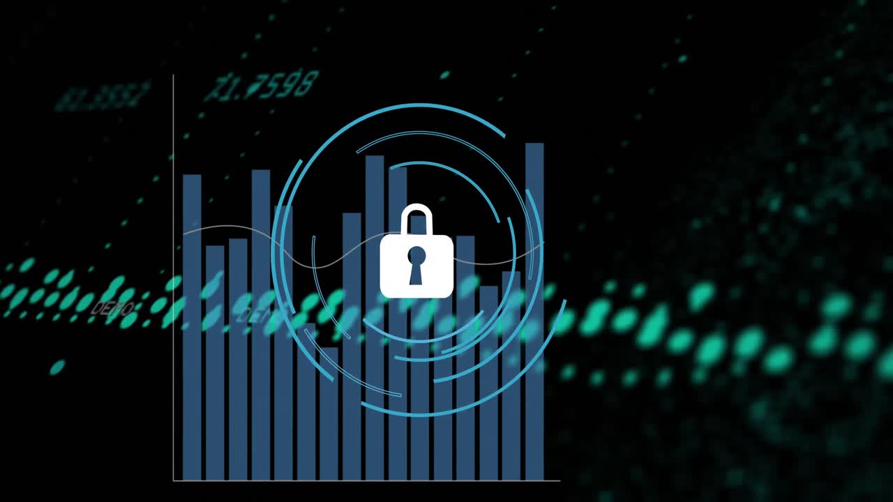 Animation of security padlock icon and statistical data processing against black background