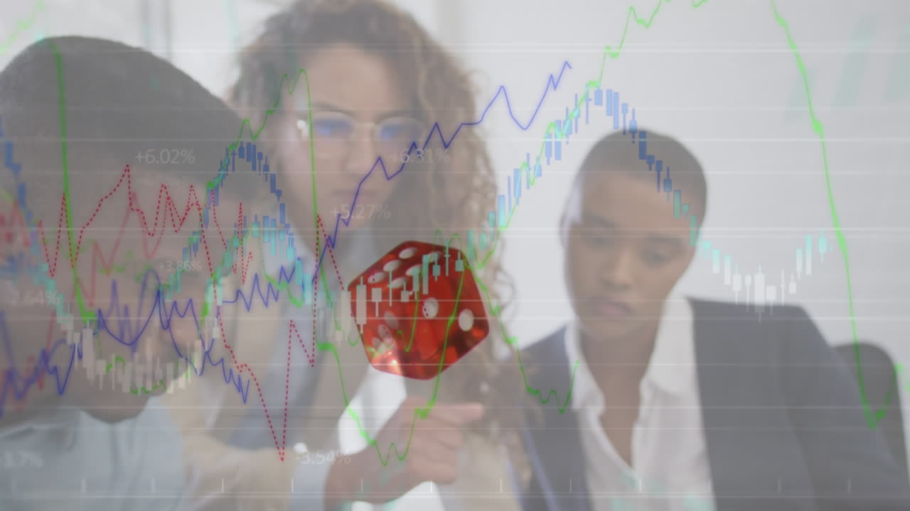 animación de personas de negocios sobre dados y procesamiento de datos financieros