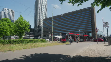 modern tram in rotterdam city