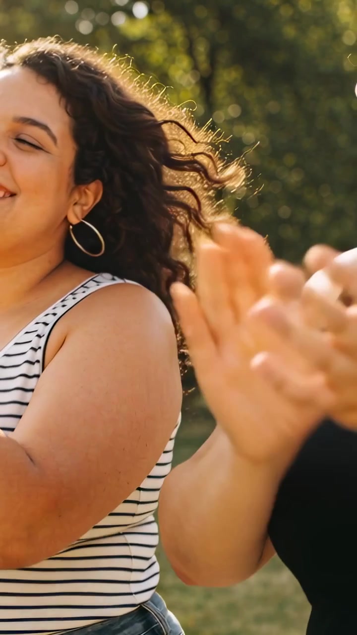 Video vertical: Una mujer aplaude a la derecha; dos mujeres con camisetas de tirantes negras a rayas en canchas de baloncesto soleadas en un parque.