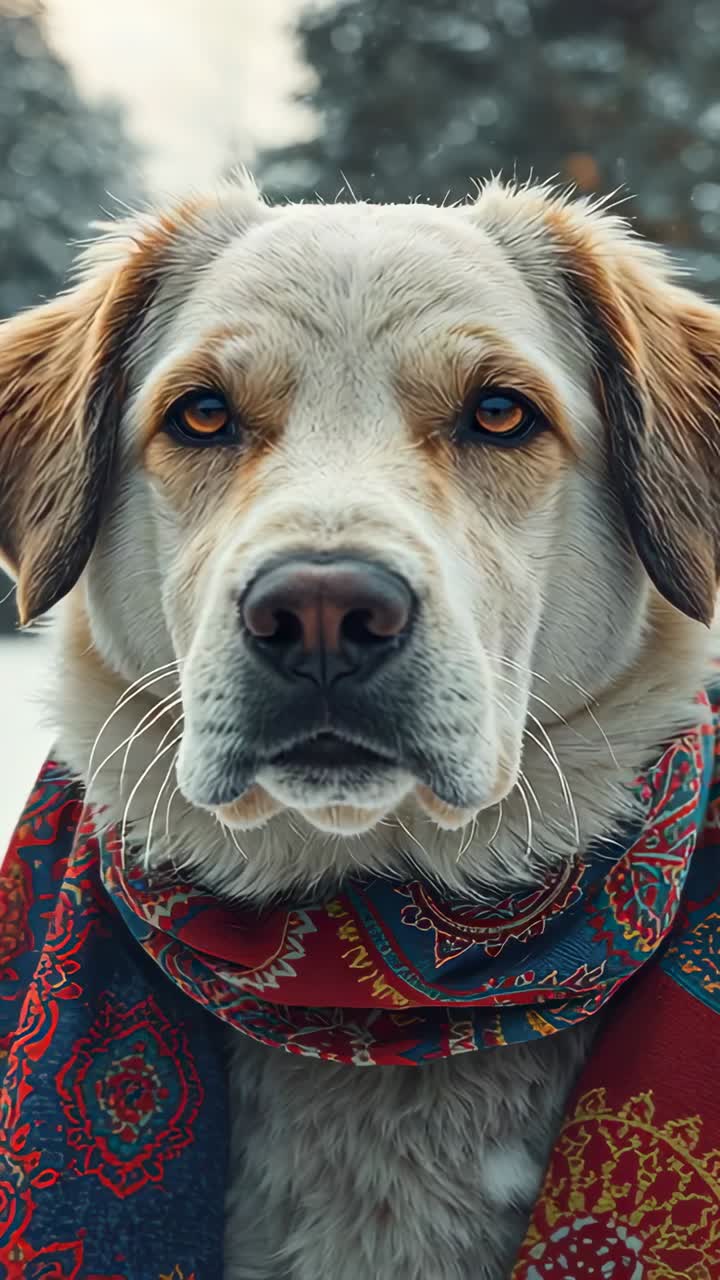 Video verticale: cane bianco-beige che annusa in un parco innevato, reagendo a un suono distante, con una sciarpa fantasia