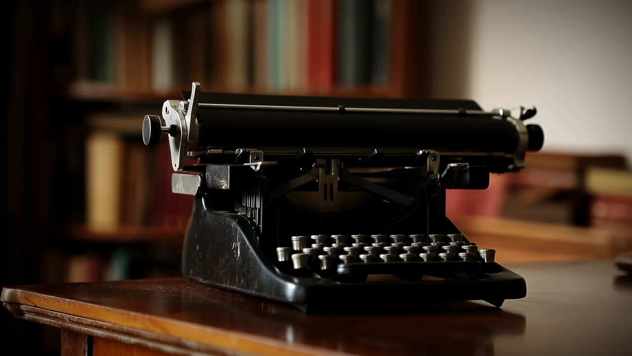 Macchina da scrivere classica nera su tavolo di legno con libreria