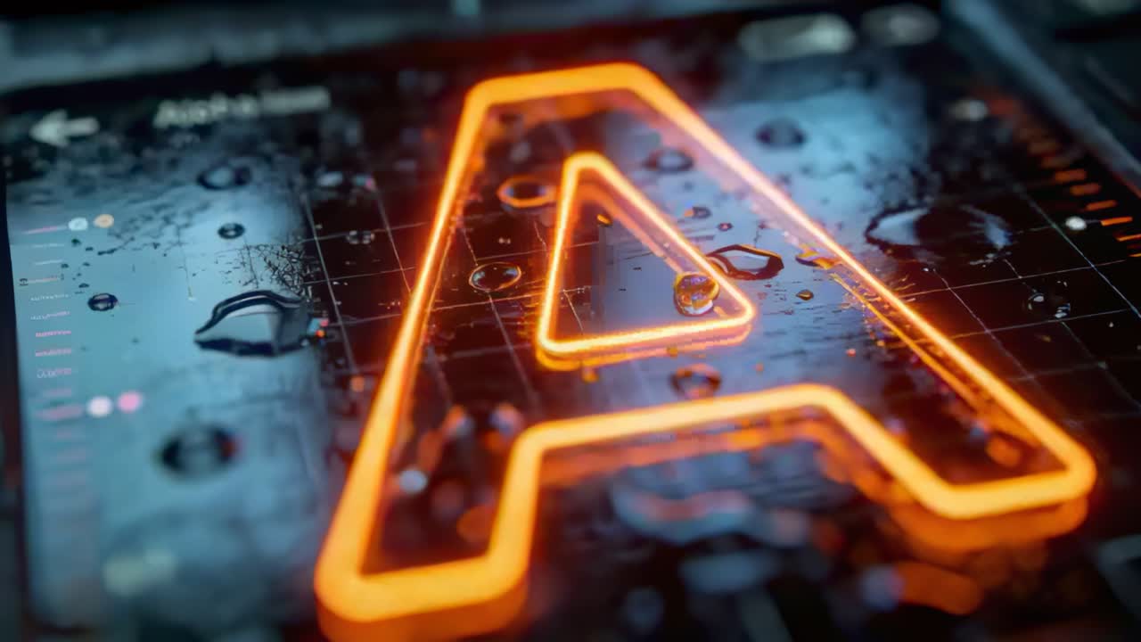 Camera pushing inward, focusing on glowing letter A on wet circuit-board panel with droplets