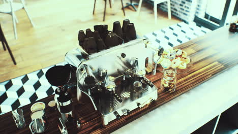 Classic coffee machine set on a stylish wooden counter in a charming cafe