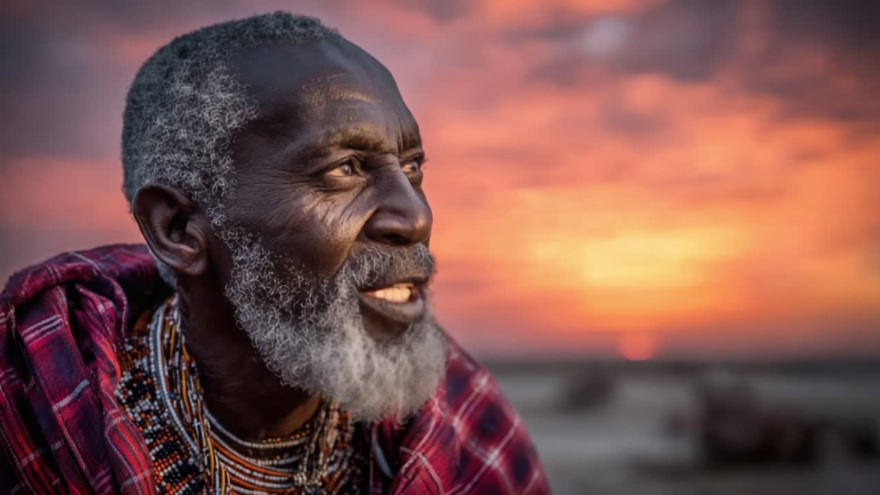 Ritratto Accattivante di un Uomo Anziano Contro un Tramonto Intenso, che Mostra Saggezza, Cultura e la Bellezza del Mondo Naturale.