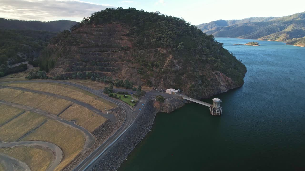 Over the dam wall and towards the intake tower at Lake Eildon, Victoria, Australia