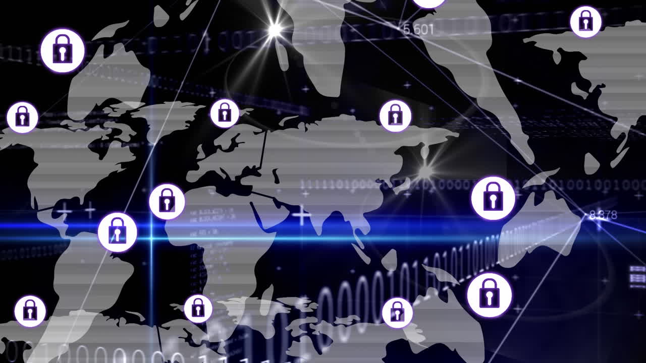 바이너리 코딩의 애니메이션, 세계 지도 위의 아이콘으로 연결된 네트워크