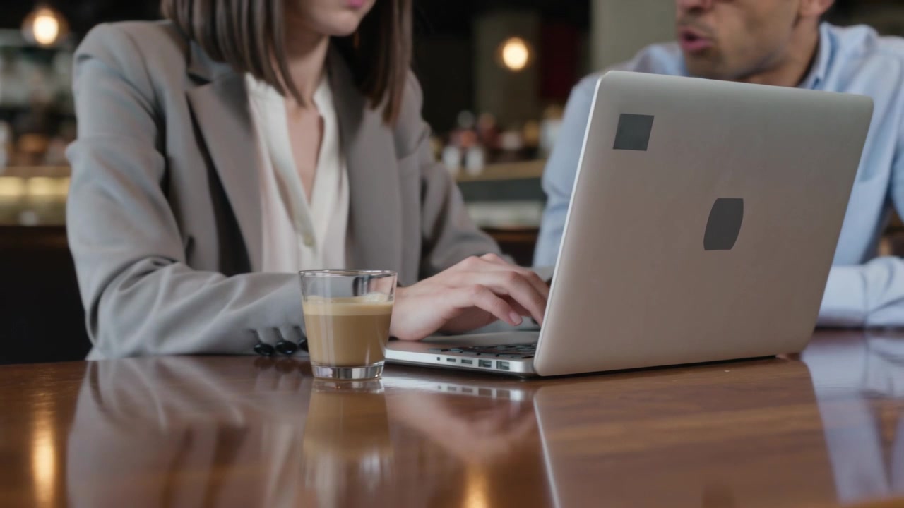 Donna in blazer grigio che digita continua a lavorare in una caffetteria, mentre un uomo appare e discute del laptop