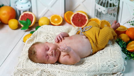 blond caucasian infant in yellow pants lies surrounded by citruses. studio footage. top view.