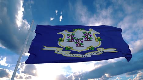 connecticut flag on a flagpole waving in the wind in the sky. state of connecticut in the united states of america