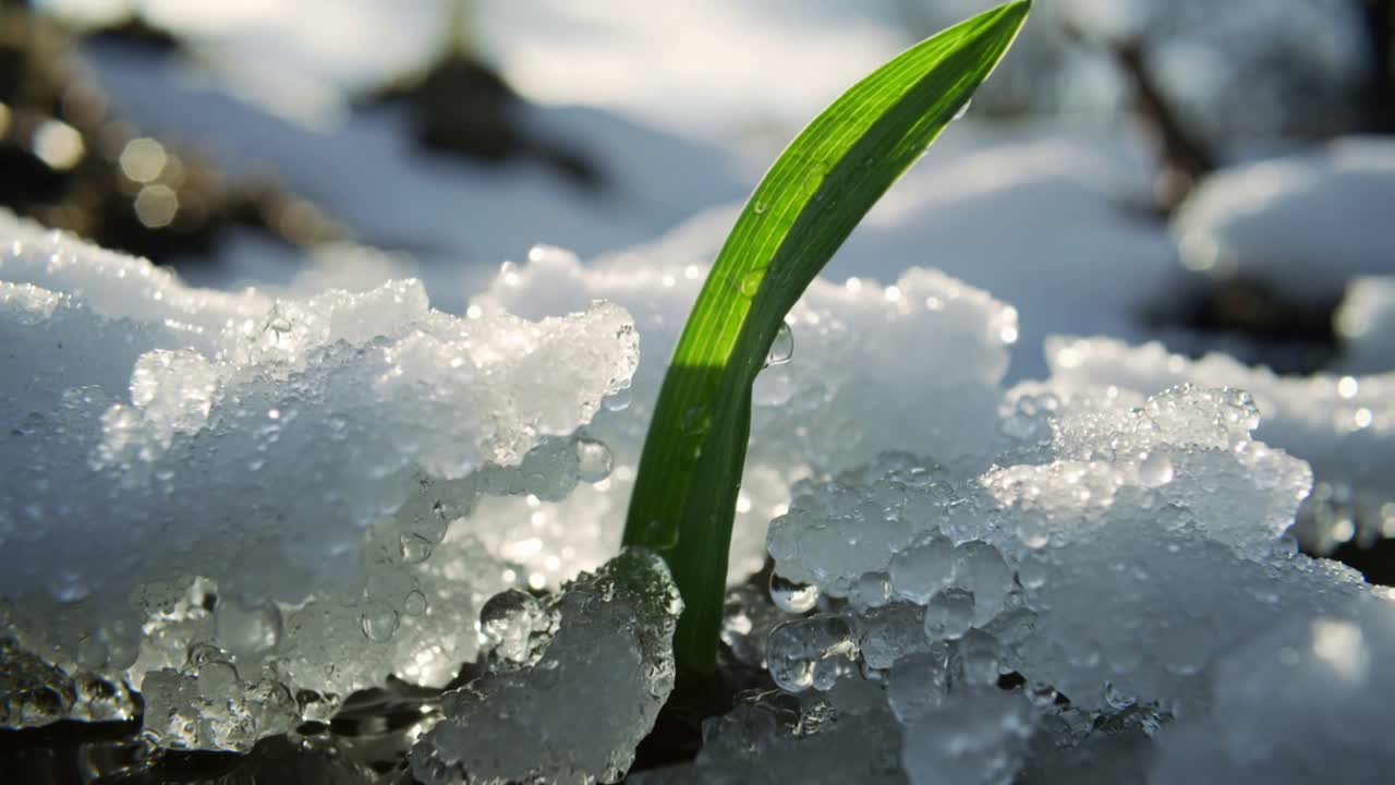 Pushing single green grass blade emerging through garden snow, seeking sunlight, melting droplets