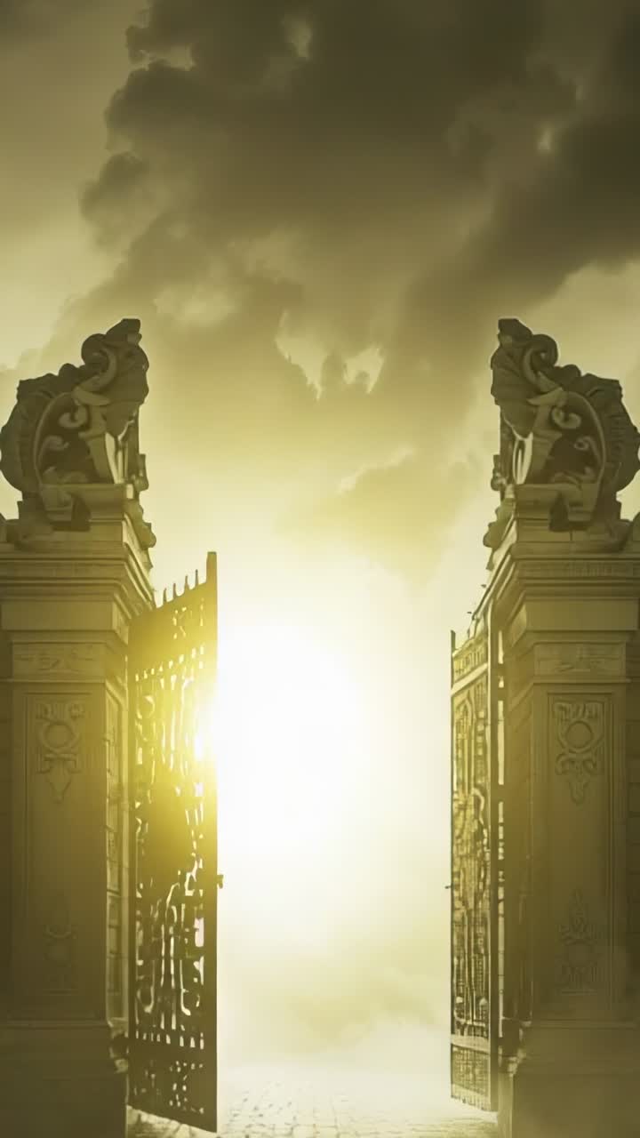 Vertical video: Breaking sunlight seeping through clouds bathing wrought-iron gates on misty ground