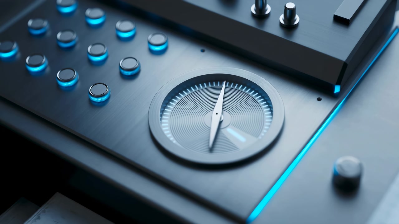 Close-up of a dark metallic control surface with illuminated blue buttons, a circular dial, and small knobs in a sleek technical setting with cool soft lighting