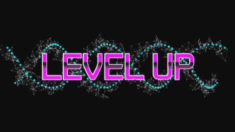 Animation-of-level-up-text-and-dna-strand-on-black-background