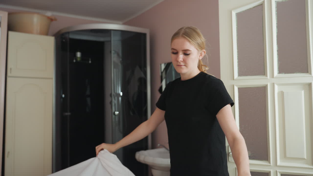 Woman with blond hair tucked behind ear spreads white bed sheet over mattress in tidy room with soft lighting, visible glass-paneled door and subtle background elements reflecting domestic routine