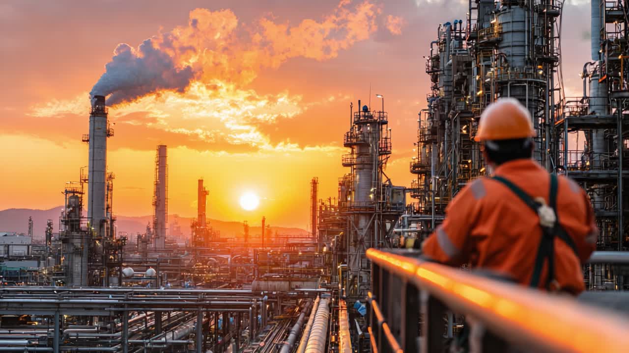 A Worker Observing Sunset Over an Industrial Complex: The Harmony of Nature and Machinery in a Striking Skyline