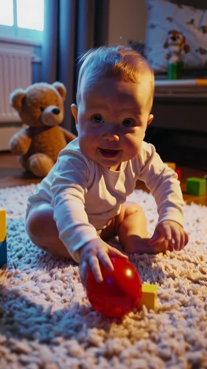 A playful baby sits on a rug holding a red ball, with a teddy bear in the background