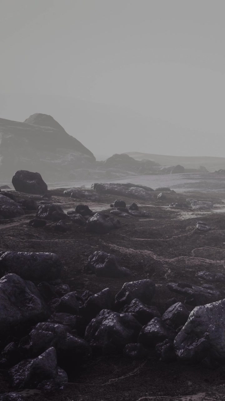 Rocky landscape with distant mountains and foggy sky in gray tones