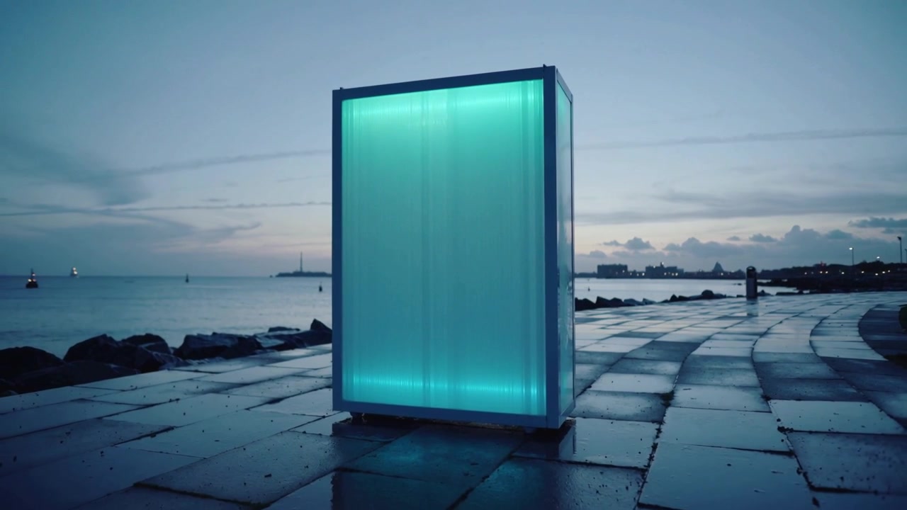 Pulsing metal-framed box shifting lights as dusk deepens on wet seafront, casting reflections