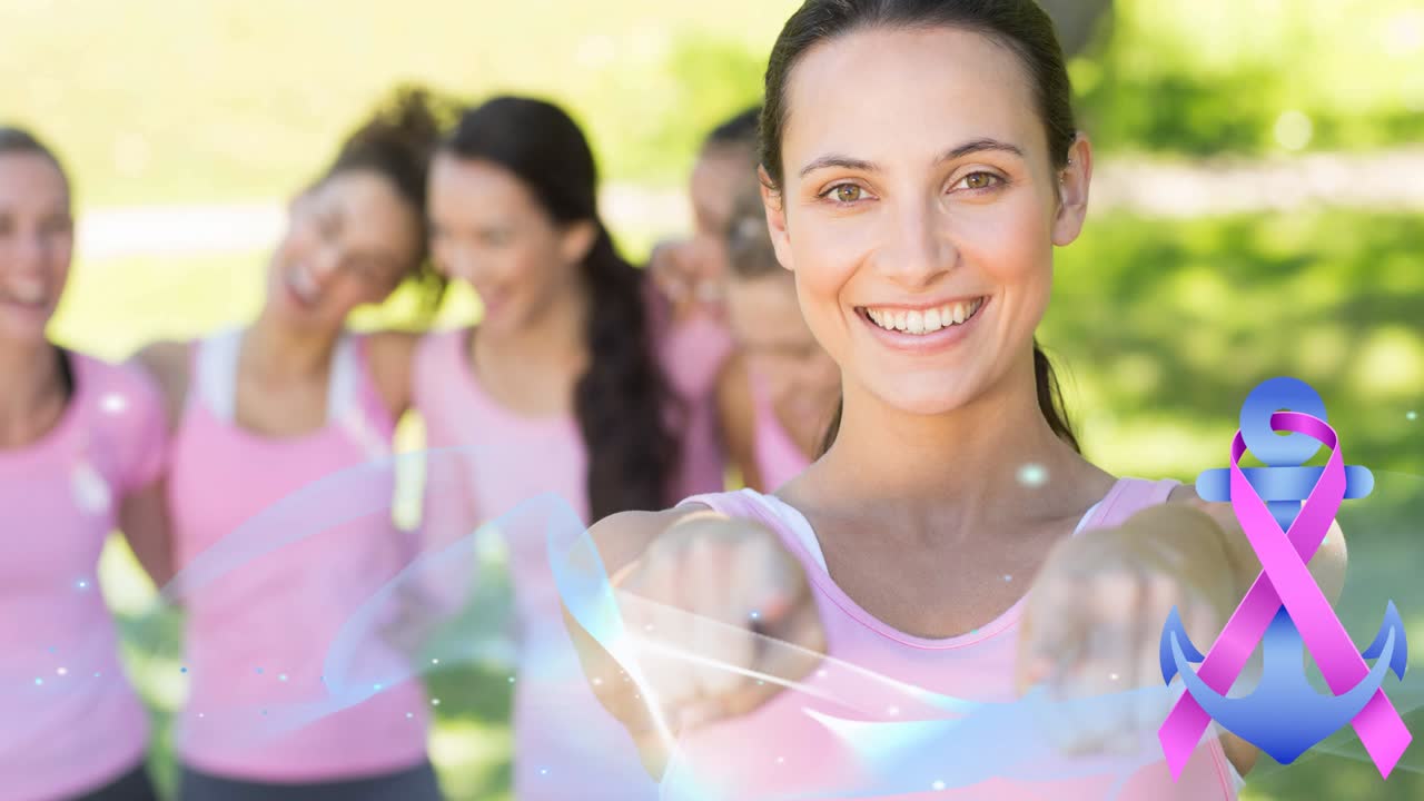 animación del logotipo del anclaje de cinta rosa y la ola azul sobre un grupo diverso de mujeres sonrientes