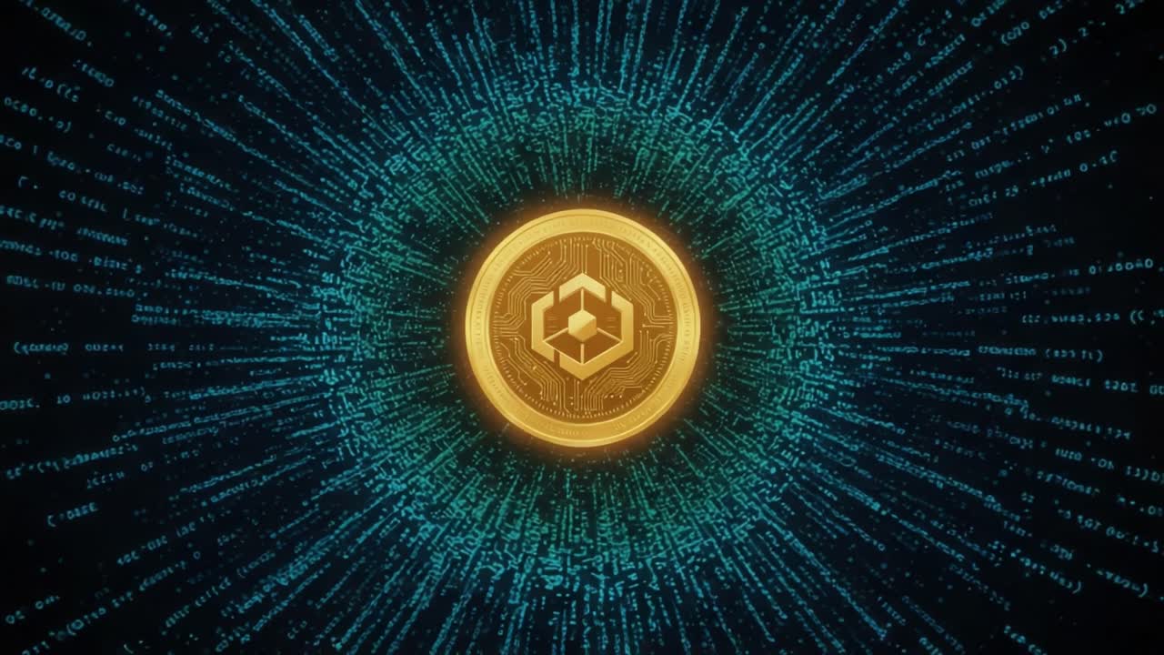 A Stunning Visualization of Digital Currency Surrounded by a Dynamic Field of Data Streams, Illustrating the Intersection of Blockchain Technology and Cryptocurrency in a Futuristic Setting