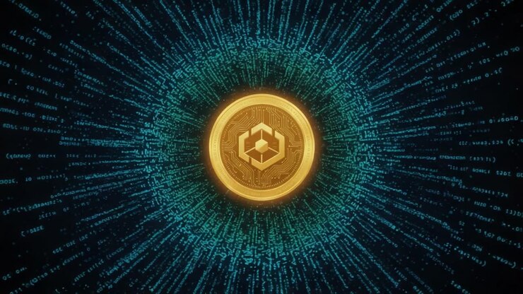 A Stunning Visualization of Digital Currency Surrounded by a Dynamic Field of Data Streams, Illustrating the Intersection of Blockchain Technology and Cryptocurrency in a Futuristic Setting