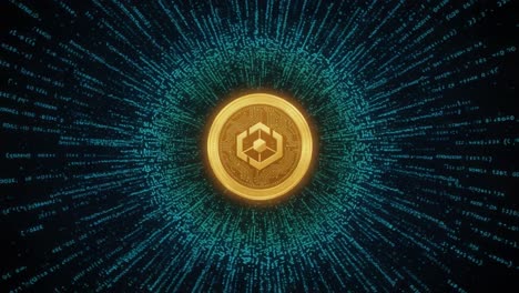 a stunning visualization of digital currency surrounded by a dynamic field of data streams, illustrating the intersection of blockchain technology and cryptocurrency in a futuristic setting
