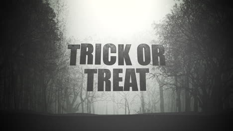 truco o trato de texto de animación y fondo místico con bosque oscuro y niebla