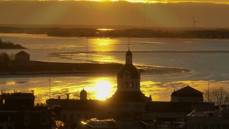 kingston, ontario city hall in sunrise light aerial