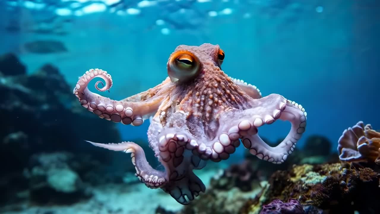 Underwater video still of an octopus, captured from a low-angle, showcasing its tentacles