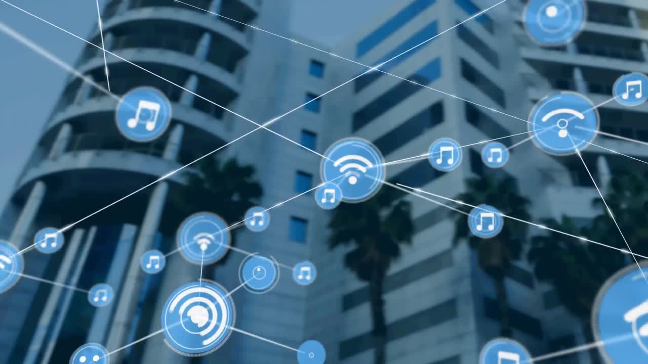 Animation of network of connections with icons over modern building
