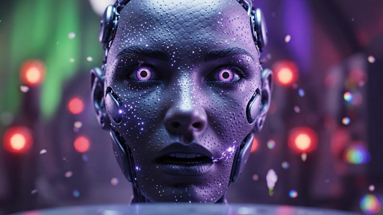 Futuristic Robot Close-Up: A Stunning Cybernetic Portrait Showcasing a Metallic Female Face with Illuminated Eyes Set in a Colorful Sci-Fi Environment