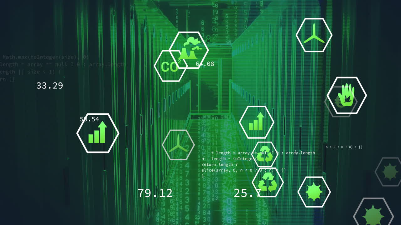 Green data processing animation over digital recycling and environmental symbols