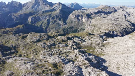 Wide-aerial-mountain-landscape-panorama,-Dolomites-Italy