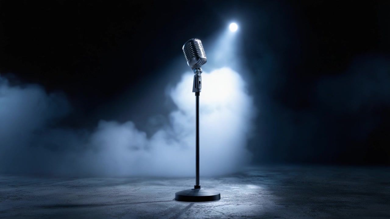 Ein klassisches Mikrofon steht allein unter einem Scheinwerfer in einer rauchigen Atmosphäre und fängt die Essenz von Performance und künstlerischem Ausdruck in einer dramatischen Kulisse ein.