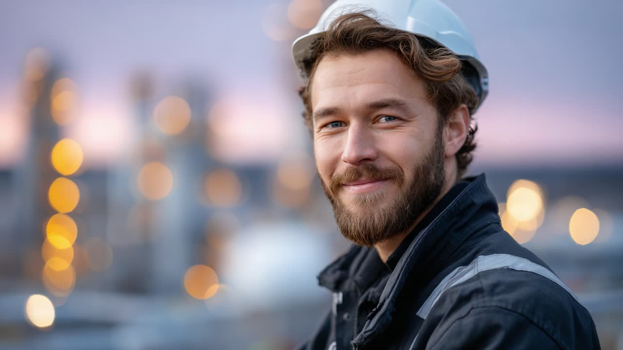 En selvsikker arbeider i verneutstyr med et imøtekommende smil midt i en industriell bakgrunn i skumringen, som symboliserer engasjement og profesjonalitet i en sikkerhetskultur innen bygg og anlegg