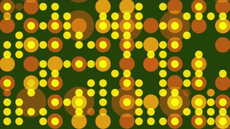 retro disco lights design pattern with golden yellow and orange circles dancing on dark green background in vintage 1970s nightclub style animation