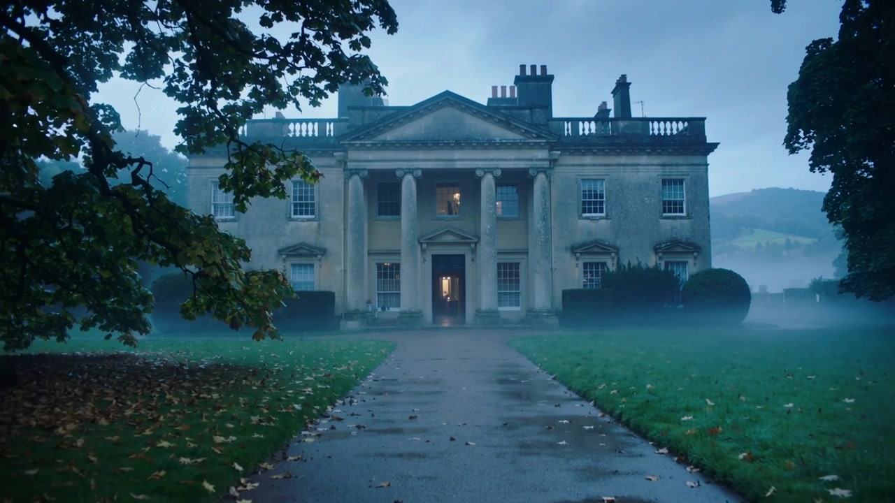 L'aria che si raffredda provoca l'ispessimento della nebbia che si sposta attraverso un sentiero umido verso il portico illuminato di una villa