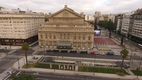 Aerial-view-of-Colon-Theater,-Buenos-Aires,-Argentina,-wide-circle-shot