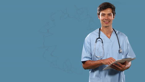abstract geometric structures floating over caucasian male health worker writing on clipboard