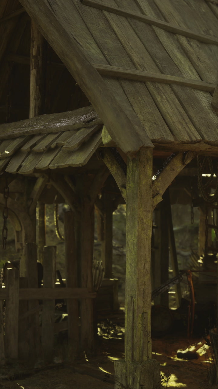 Warm sunlight casts golden hues in the rustic barn of the countryside