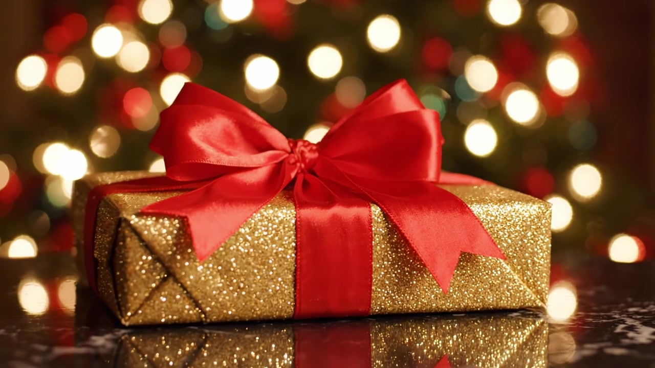 Una Confezione Regalo Splendidamente Incartata con Nastro Rosso, Appoggiata Elegantemente su un Tavolo, Circondata da uno Sfondo Morbidamente Illuminato di Luci Natalizie Sfocate
