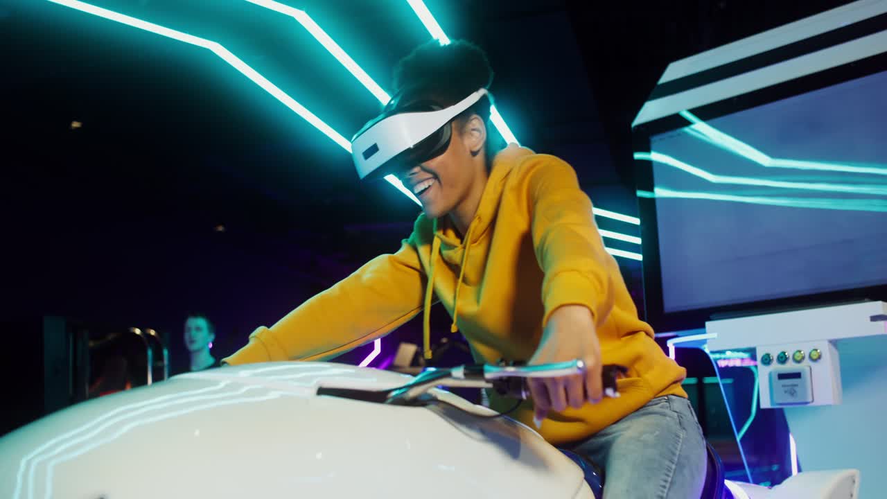 Woman Experiencing Virtual Reality in Arcade