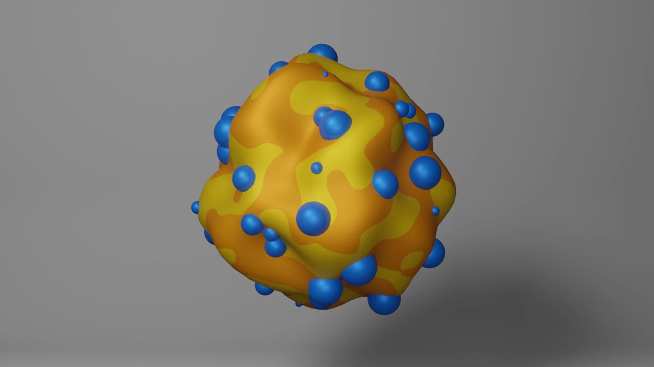 forma líquida abstracta amarilla y naranja con burbujas azules remodelar y transformar. animación de objetos creativos renderizados en 3d