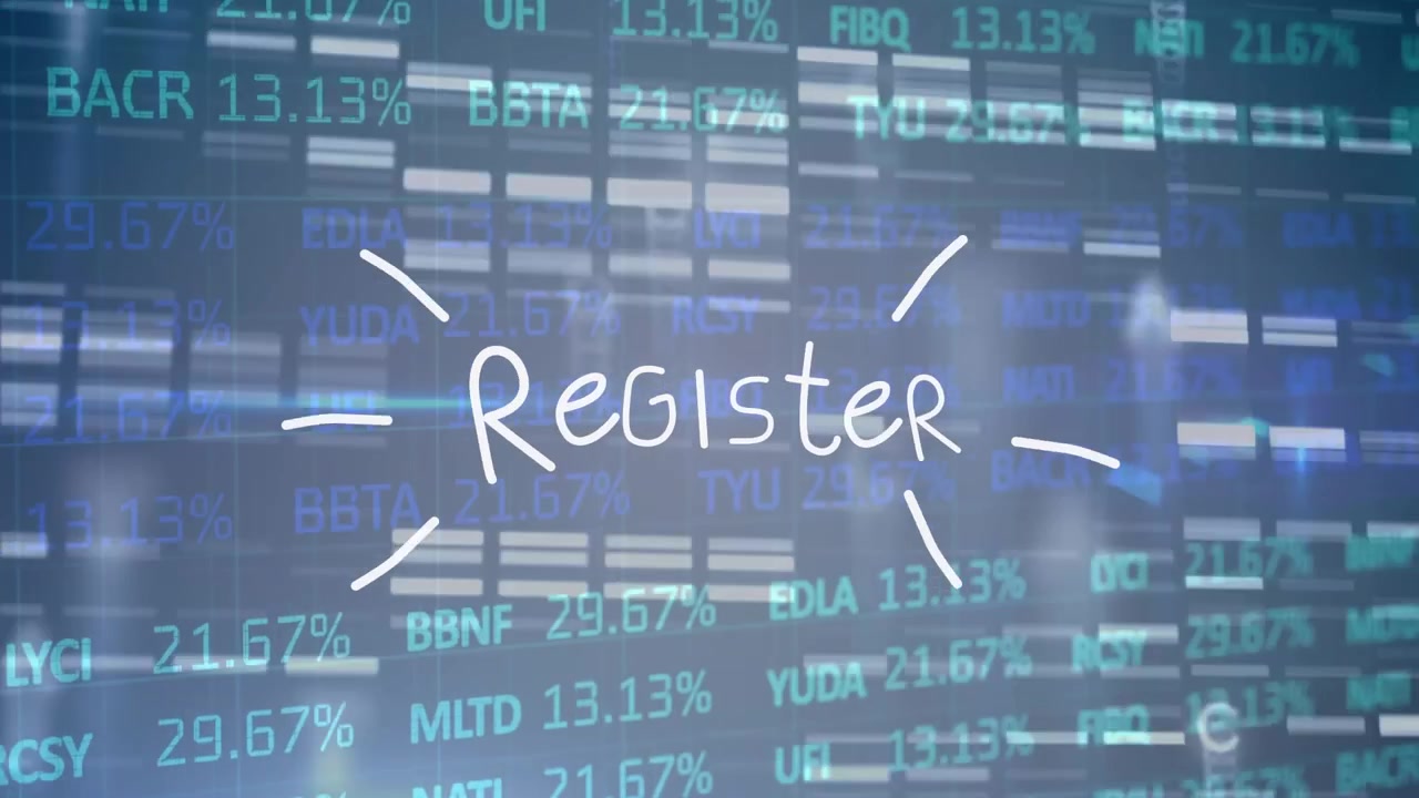 Animation af registertekst og databehandling på blå baggrund.