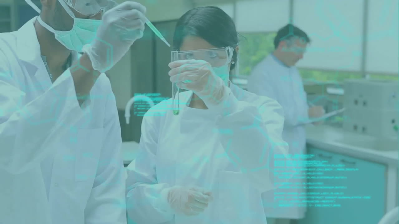 실험관에서 화학물을 혼합하는 다양한 연구자들에 대한 분자 구조의 애니메이션
