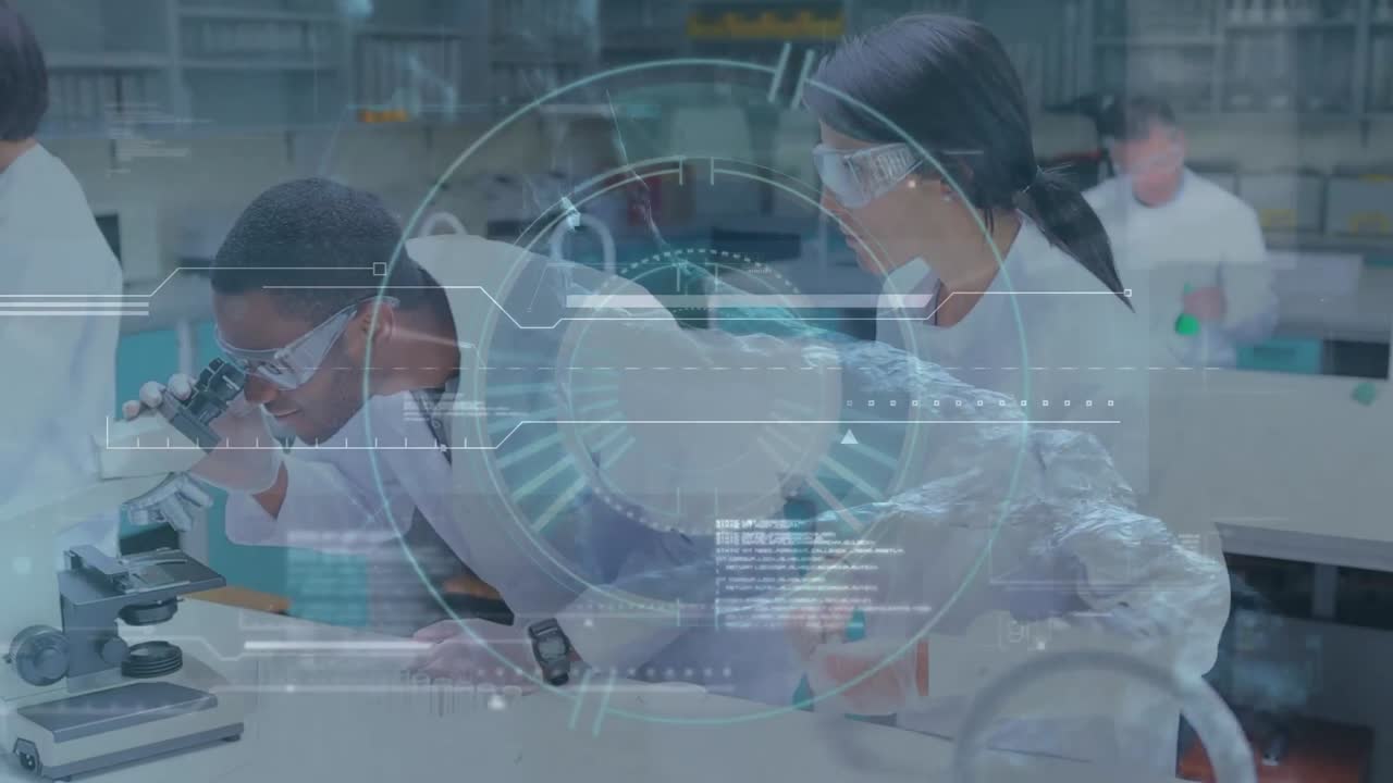 실험실에서 다양한 과학자들에 대한 범위 및 데이터 처리 애니메이션